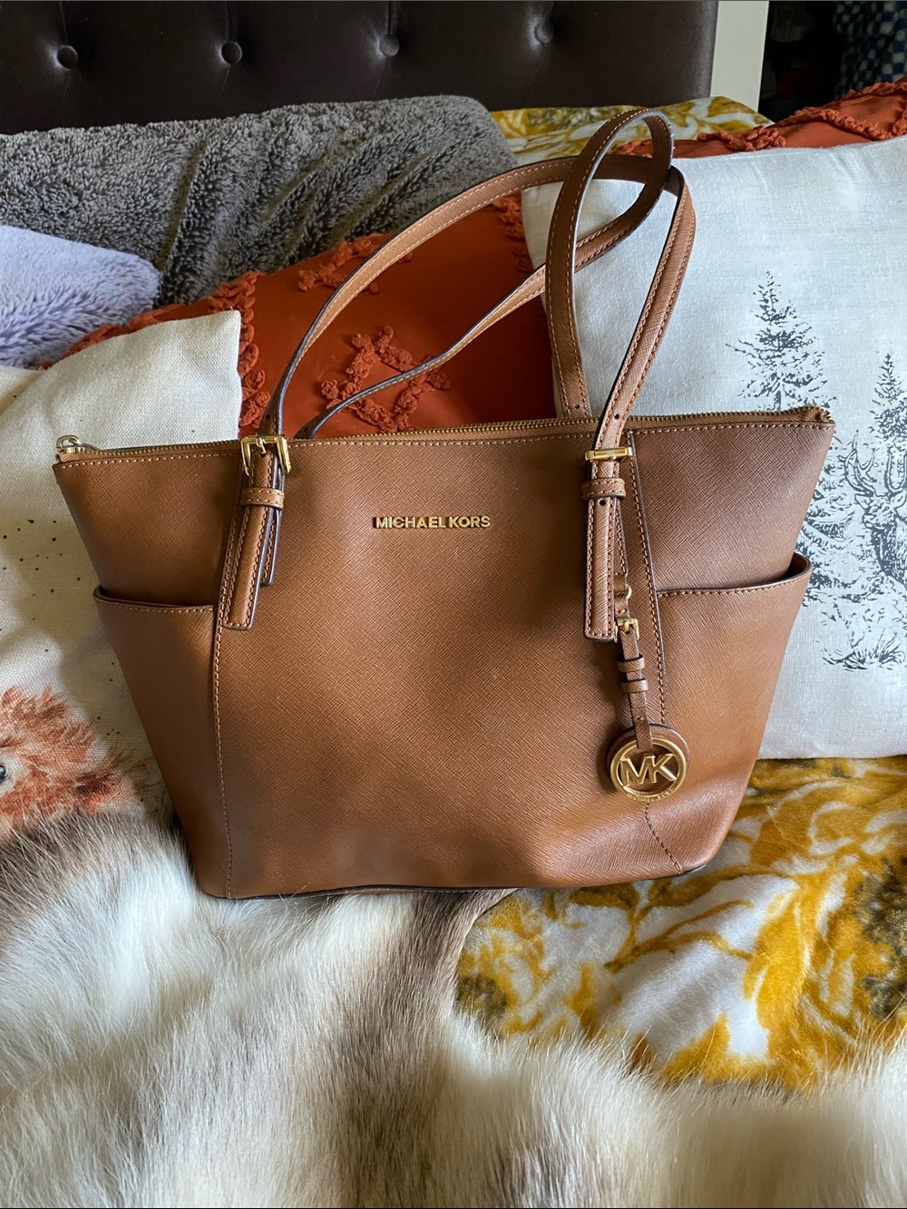 Michael Kors Tan Saffiano Leather Tote with Gold Hardware